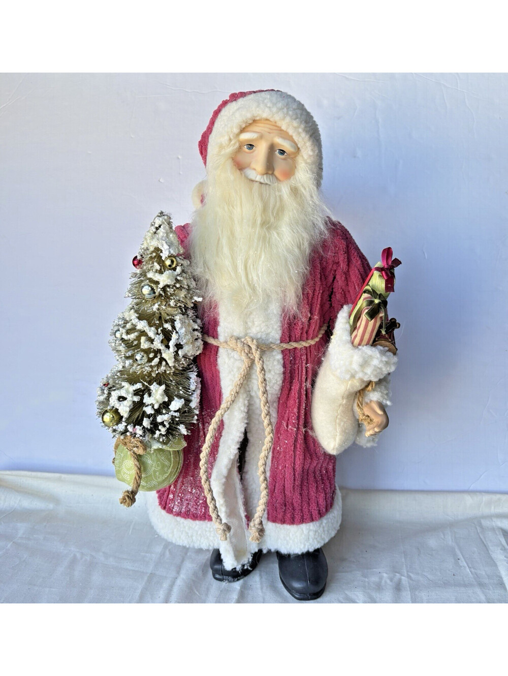 Vintage Santa Claus Holding Tree Pink Coat Stands 18” Tall North Pole Trading